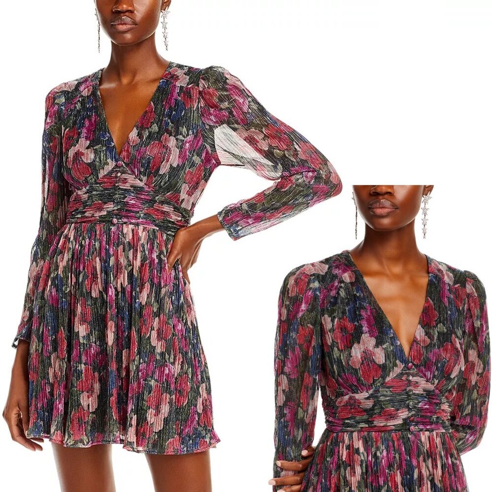 New AQUA Long Sleeve Metallic Floral Mini Dress Size XL